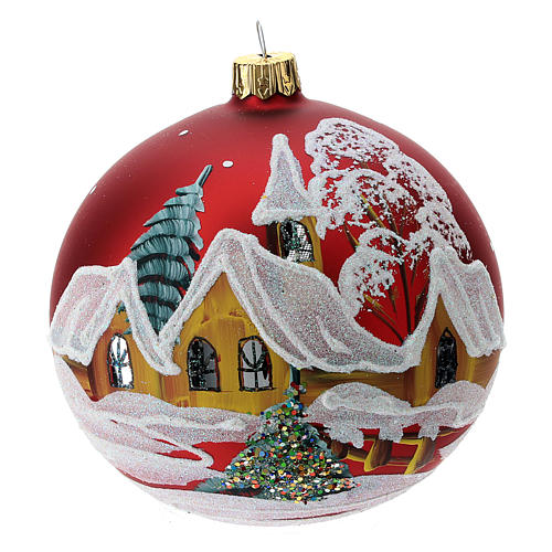 Palla Natale vetro rosso case e alberi 100 mm | vendita online su HOLYART